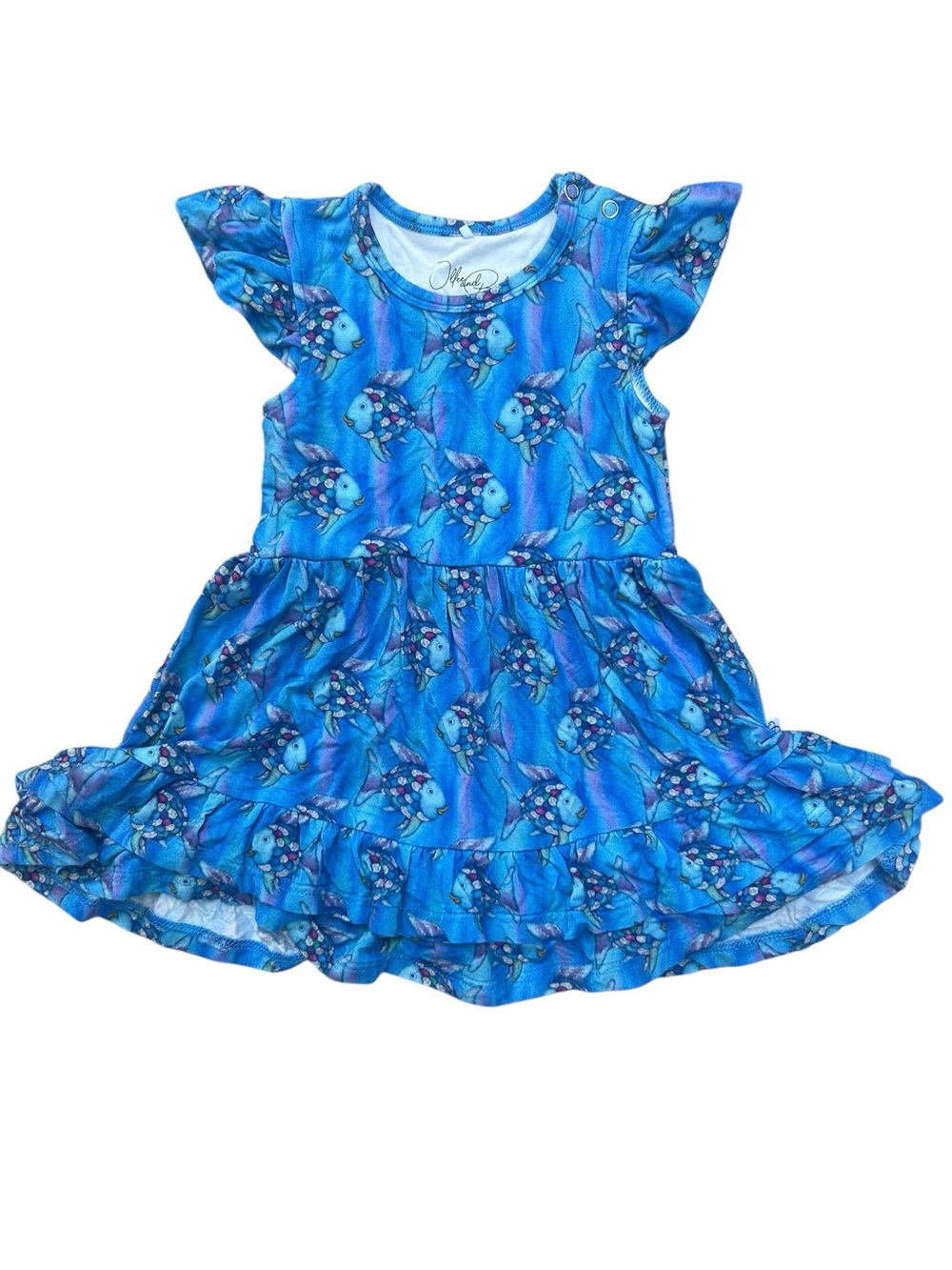 Ollee and Belle Girls The Rainbow Fish Print Flutter Dress 12-18 Mos Bamboo EUC